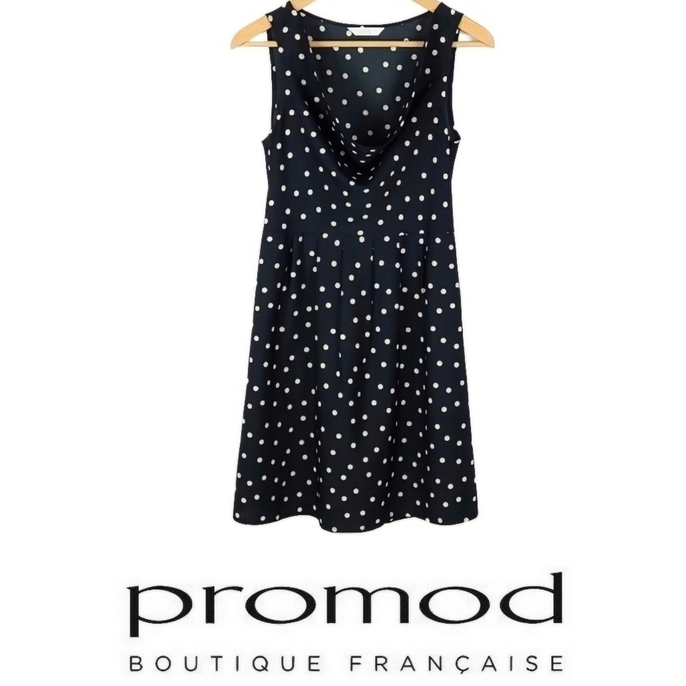 Polka Dot French Dress w/ Draped Neckline, Black & White, Size 4